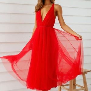 Hello Molly Red Plunging V-Neck Tulle Midi Dress